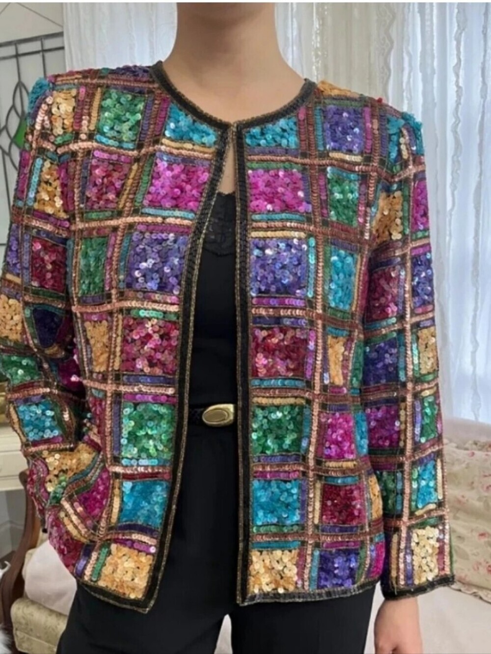 VTG Laurence Kazar Rainbow Sequin Silk Jacket | 80s Stained Glass Beaded Blazer